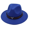 Close-up of royal blue wool fedora featuring a silver bull head ornament and woven band - Kids One Size (54cm) / Blue