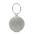 Silver round evening bag with sparkling rhinestones and a metal ring handle for parties - Silver