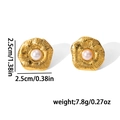 Golden flower petal stud earrings with white pearl center and brushed metal texture - E0741 (Gold/Brushed Petal Pearl)