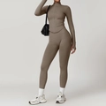 Ensemble de yoga sans couture taupe avec veste zippée et legging taille haute - S / Haut Et Bas / Ensemble 2 pièces (Veste + Pantalon) / Marron