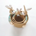 Three-piece nesting cotton rope storage baskets with cute plush bunnies and plaid ties - Coffee Basket Rabbit