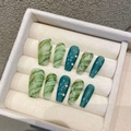 Handmade emerald green and marble coffin press-on nails with 3D pearl and gold foil details - Extra Small (XS) / Emerald Green Marble Mixed Design (1491 Medium Coffin)