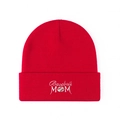 Red knit beanie with Baseball MOM white embroidery and sports motif on white background - One Size / Red