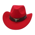 Detail of red wool cowboy hat featuring brown band with bull skull and floral embroidery - Wine Red (Bronze Bull)