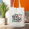 White canvas tote bag featuring Best Teacher Ever print with red apple and heart design - STD67-F (Best Teacher Ever)