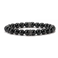 Men's 8mm beaded bracelet with black agate tiger eye stones and skull silver charms - Skull/8mm Round Bead / Glossy Black Agate