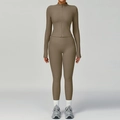 Three-piece taupe ribbed yoga set with long sleeve zip top and high waist leggings - S / Jacket + Trousers / Light Coffee