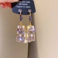 Detailed close-up of purple crystal earrings with 925 silver ear hooks and gold accents - 10# Silver Earring Post - Gold Purple Rhinestone Tassel Earrings