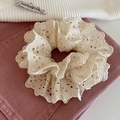 Elegant beige hollow lace scrunchie with floral texture on pink denim background - Scrunchie / White Lace Trim