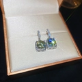 Macro shot of square zircon earrings in a jewelry box with sparkling fire effect - 18K Gold Plated Silver Pin Green Zirconia / Silver-Green