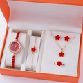 Elegantes rotes Blumen-Schmuckset mit Diamant-Quarzuhr und passendem Armband-Geschenk - Gold Rote Blume Set (Ohne Box)