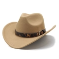 Khaki felt cowboy hat with leopard print band and metal buckle on white background - M (56-58cm) / Camel