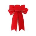 Close-up of red velvet Christmas bow with gold stitched edges for wreath decoration - Flocked Red Velvet Bow