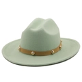 Detail of mint green wool fedora with brown leather band and gold metal studs - M (56-58cm) / 16 Mint Green