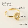 Bague réglable en acier inoxydable plaqué or 18K avec zircon en forme de poire - Ouvert Réglable / Zircone Blanche