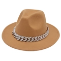 Detailed view of the khaki felt fedora featuring a thick silver chain with rhinestones - Camel