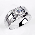 Silver men's wedding ring with large square zircon stone and grooved band design - Rugged Men's Ring [white Gold] Ljz-74 / Adjustable Open