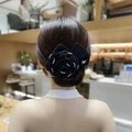 Elegant black velvet rose bun hair clip with sparkling rhinestones and a small bow charm - Peony Black