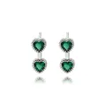 Silver drop earrings featuring two stacked emerald green heart-shaped gemstones - Silver Double Heart with Green Zirconia (E2123)