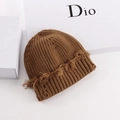 Brown knit beanie with raw fringe edges and warm caramel knit texture for winter - Khaki