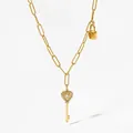 Vintage golden key necklace with heart pendant and sparkling crystals on rectangle links - White Heart Key (KCD877)