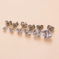 Set di sei orecchini a perno in acciaio inossidabile con zirconi rotondi a 4 griffe - 3mm / Argento