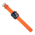 Detail of orange sports watch with wave silicone strap and bright LED rectangular display - Orange