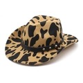Western wollen cowboyhoed met koeienprint, brede rand en lederen band detail - Kameel Gevlekt / M (56-58cm)