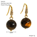 Detail view of 18k gold plated 304 stainless steel earrings with 10mm tiger eye beads - 10MM Tiger Eye Stone Style(SE467G)