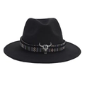 Classic black wool fedora hat with ethnic woven band and silver bull skull ornament - Ethnic Webbing Bull Skull