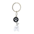 Silver pet keychain with black paw print, bone charm, and white maltese dog pendant - Maltese