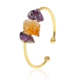 Natural amethyst and citrine raw stones set on a gold-plated adjustable open cuff bracelet - Two Amethyst One Citrine Bangle