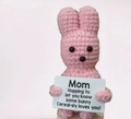 Handmade pink crochet bunny holding a supportive message card for home decoration - Pink Rabbit