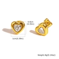 Detailed view of gold heart stud earrings with cubic zirconia and size specifications - Earrings/White Zirconia