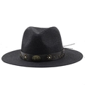 Black fedora straw hat with brown leather band and vintage metal floral rivets - Black