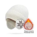 Winter thermal knit beanie in white with snowflake pattern and thick fleece lining - Milk White