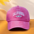 Close-up of white California West Coast embroidery on a pink washed cotton baseball cap - Adjustable / Rose Red