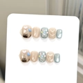 Uñas postizas cortas 3D hechas a mano con lindos gatos y corazones en tonos azul y nude - Estilo 3089-Redondo Corto (XS)