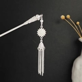 Silver hollow hair stick with sun flower motif and long cascading metal tassels - Sunflower Chain Tassel (F133)