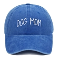 Detail of white DOG MOM embroidery on a vintage washed blue cotton baseball cap - One Size / Dark Blue