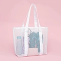 White mesh beach tote bag featuring large capacity storage and reinforced carry handles - White