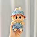 Labubu doll in denim bucket hat and overalls with cute bear buttons - Blue And Red Trimmed Cowboy Hat + Mini Denim Overalls / First And Second Generation Keychains Are Compatible With La Cloth Dolls. Dolls Not Included.