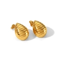 Golden teardrop hoop earrings with horizontal wave texture made of premium titanium steel - Water Drop Wave Style (YYE023527)