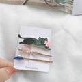 Three-piece hair clip set featuring black glitter cat, cherry blossom, and Mount Fuji - Black Glitter Sakura Cat