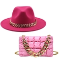 Britse wollen jazzhoed en roze gewatteerde tas met gouden schakelketting set - M (56-58cm) / Rozerood