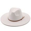 Detailed view of white wool fedora with broad brim and brown leather belt buckle - White