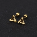 Close-up of golden geometric triangle stud earrings with secure screw-on ball backings - Triangle / Gold