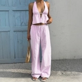 Women's two-piece pink and white striped set with halter top and wide-leg trousers - S / Pink