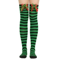 Detail of green and black striped over-knee Christmas socks with festive red ribbon bows - One Size / Red Green Bowknot Decor / Green Black Stripes