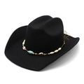 Ethnic western cowboy hat in black felt with beaded shell band and flat top crown - M (56-58cm) / Black